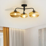 Ribbed Glass Chandelier with three amber ribbed glass shades and a matte black metal frame, modern semi-flush ceiling light for dining room, living room, and kitchen.