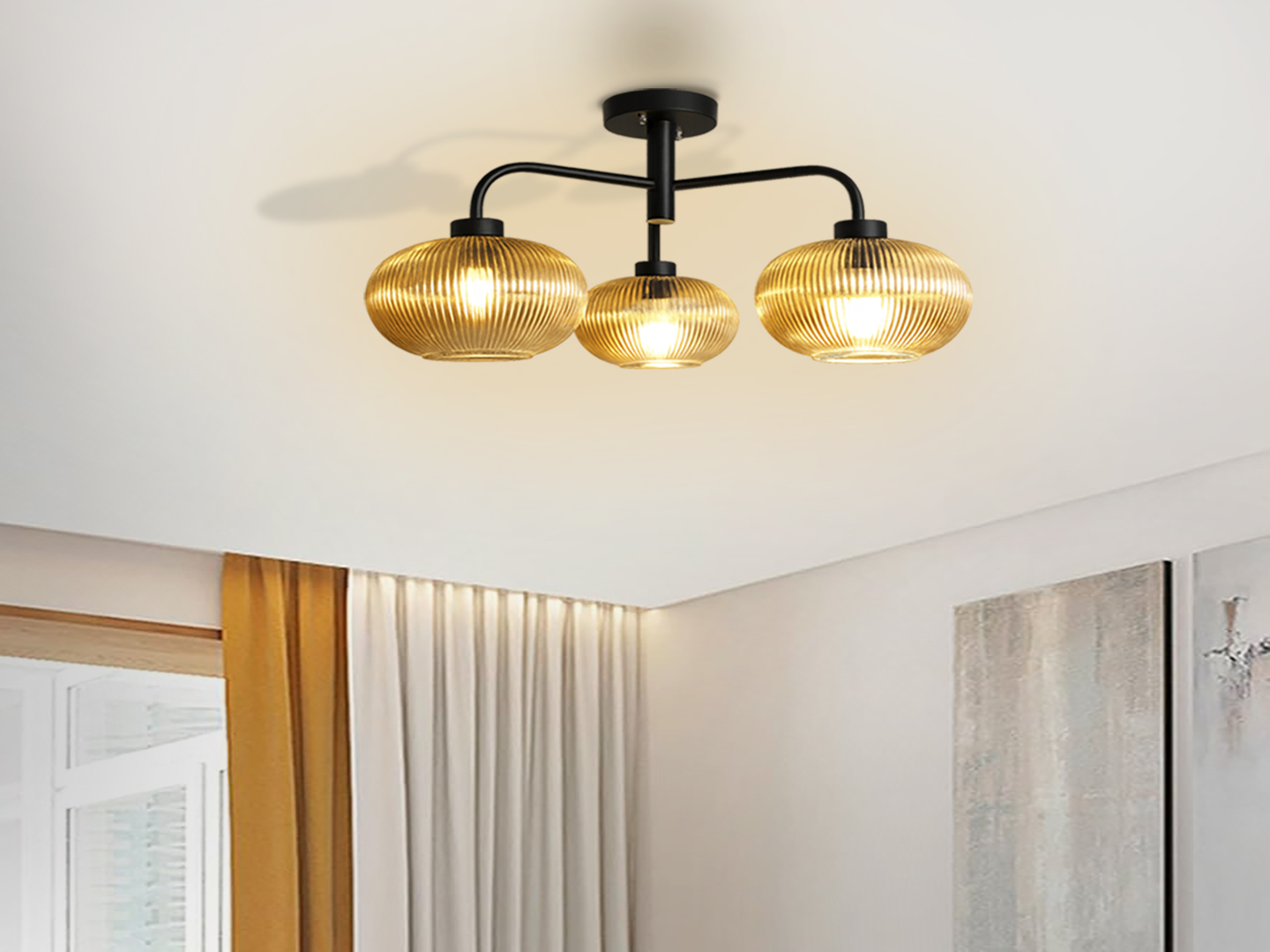 Modern 3-Light Ribbed Glass Chandelier Ribbed Glass Chandelier with three amber ribbed glass shades and a matte black metal frame, modern semi-flush ceiling light for dining room, living room, and kitchen.