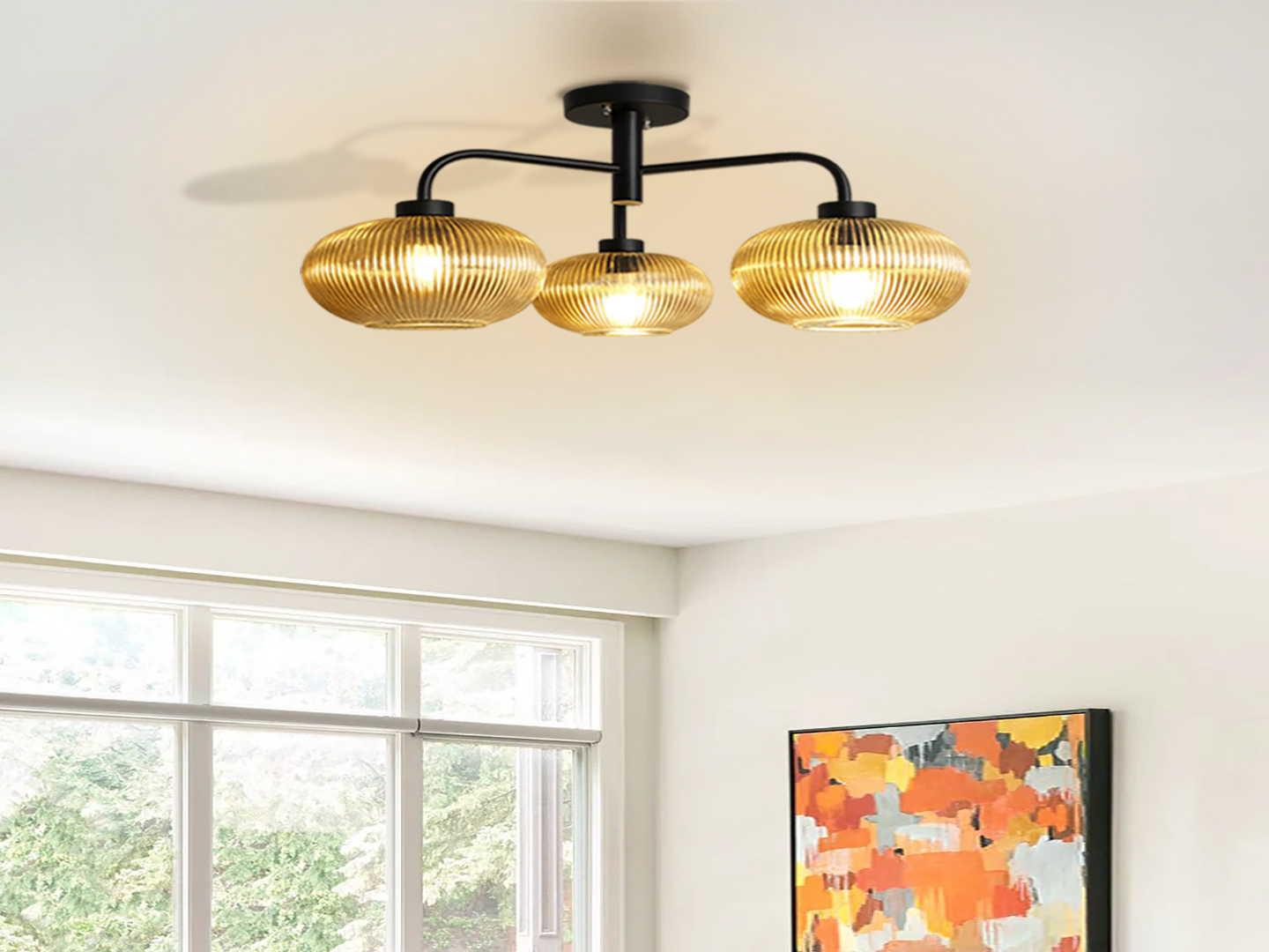 Modern 3-Light Ribbed Glass Chandelier Ribbed Glass Chandelier with three amber ribbed glass shades and a matte black metal frame, modern semi-flush ceiling light for dining room, living room, and kitchen.