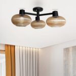 Solara 3-Light chandelier with three ribbed amber glass shades and a matte black metal frame, modern semi-flush ceiling light for dining rooms, living rooms, kitchens, and bedrooms.