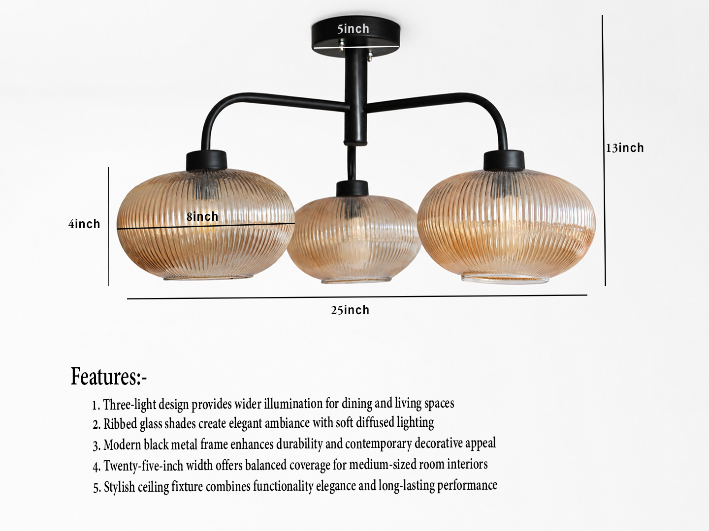 Modern 3-Light Ribbed Glass Chandelier Ribbed Glass Chandelier with three amber ribbed glass shades and a matte black metal frame, modern semi-flush ceiling light for dining room, living room, and kitchen.
