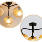 Ribbed Glass Chandelier with three amber ribbed glass shades and a matte black metal frame, modern semi-flush ceiling light for dining room, living room, and kitchen.