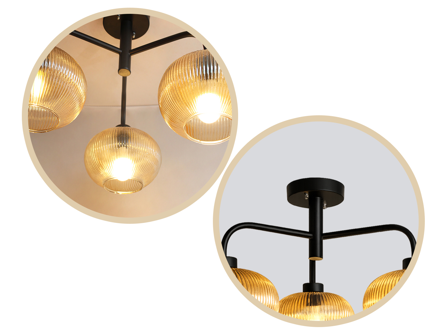 Modern 3-Light Ribbed Glass Chandelier Ribbed Glass Chandelier with three amber ribbed glass shades and a matte black metal frame, modern semi-flush ceiling light for dining room, living room, and kitchen.