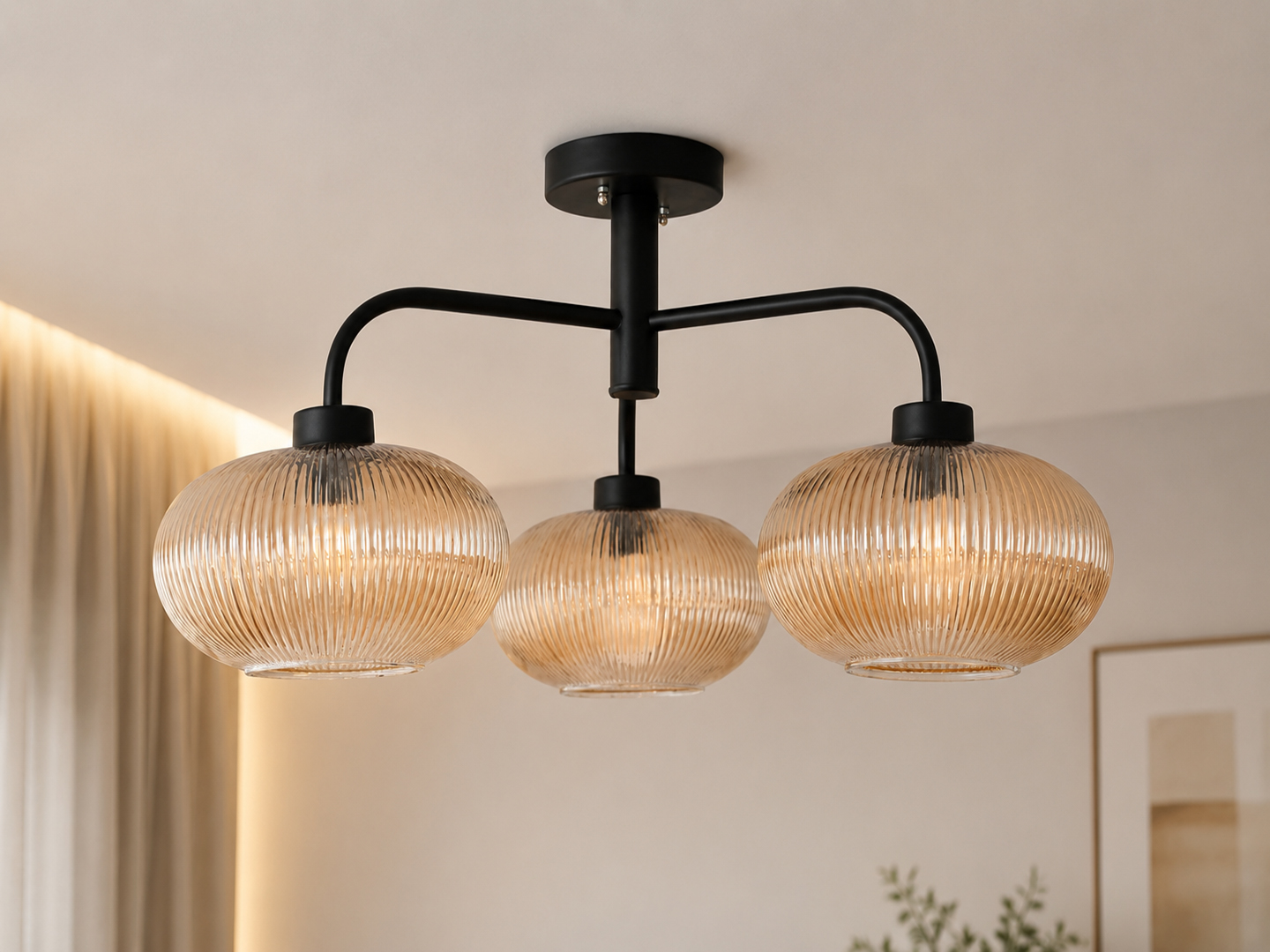 Modern 3-Light Ribbed Glass Chandelier Ribbed Glass Chandelier with three amber ribbed glass shades and a matte black metal frame, modern semi-flush ceiling light for dining room, living room, and kitchen.