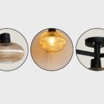 Solara 3-Light chandelier with three ribbed amber glass shades and a matte black metal frame, modern semi-flush ceiling light for dining rooms, living rooms, kitchens, and bedrooms.