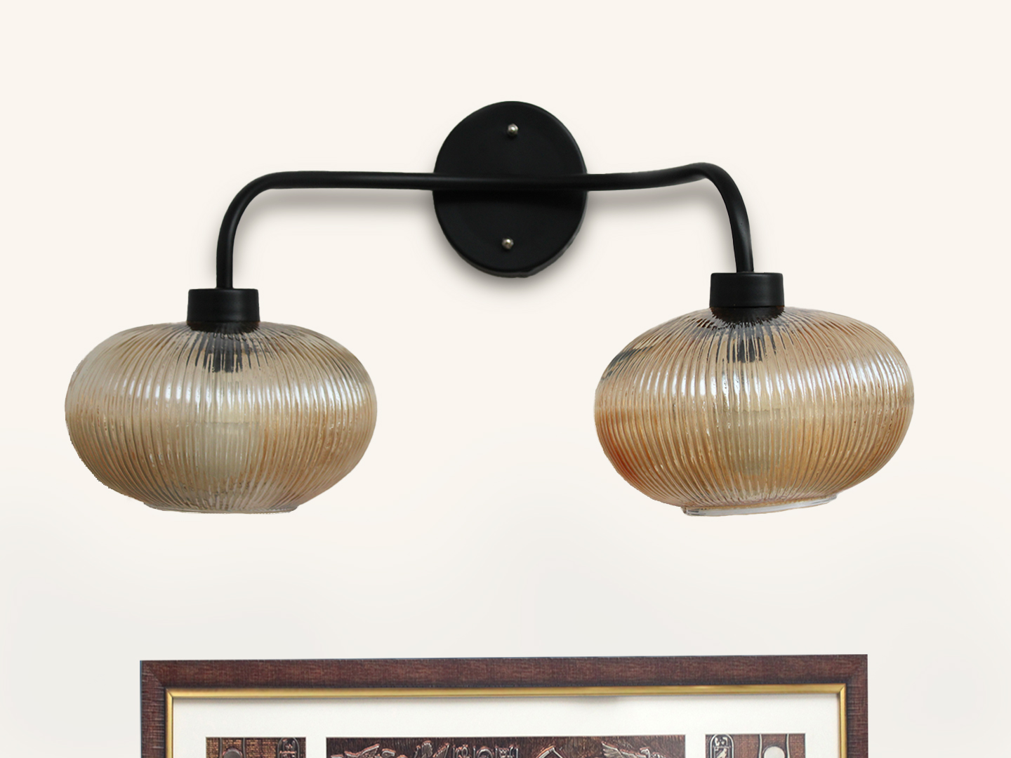 Aurora 2-Light Ribbed Glass Wall Sconce **Alt Text:** **2-Light Ribbed Glass** wall light with dual amber ribbed glass shades and a matte black metal frame, modern wall-mounted fixture for bedrooms, hallways, living rooms, and dining spaces.