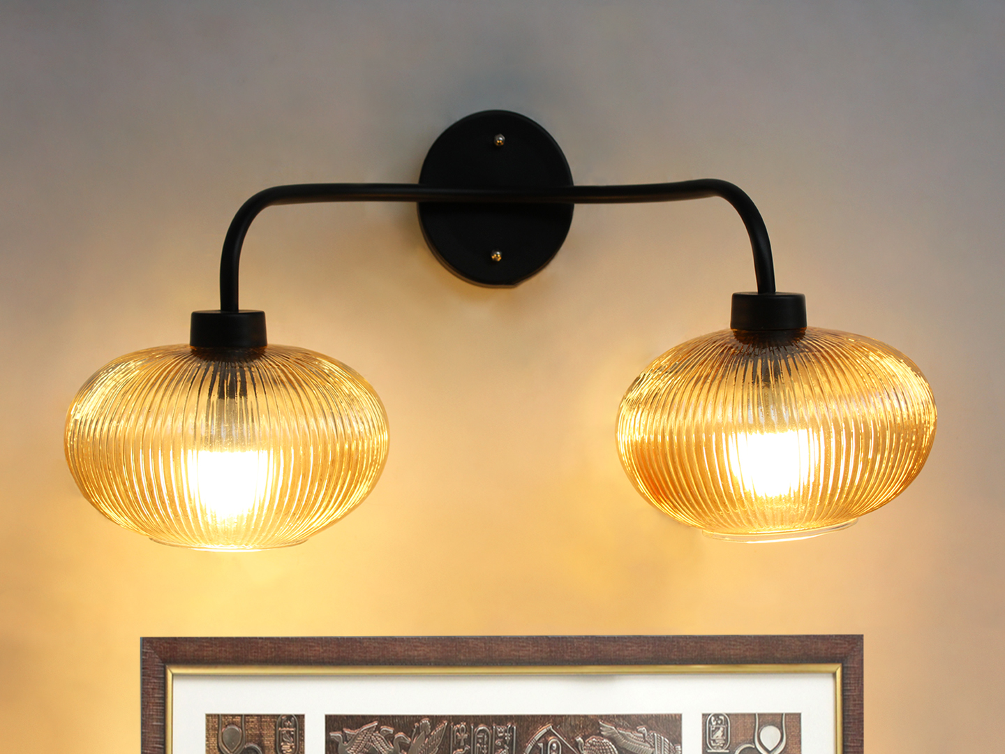 Aurora 2-Light Ribbed Glass Wall Sconce **Alt Text:** **2-Light Ribbed Glass** wall light with dual amber ribbed glass shades and a matte black metal frame, modern wall-mounted fixture for bedrooms, hallways, living rooms, and dining spaces.