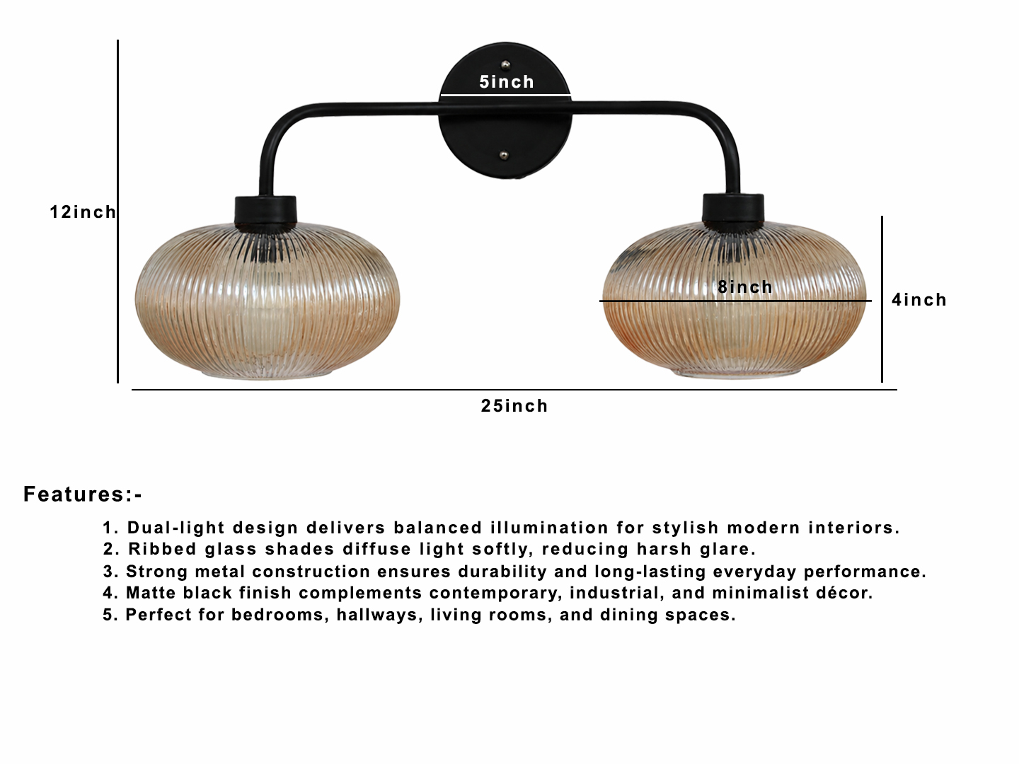 Aurora 2-Light Ribbed Glass Wall Sconce **Alt Text:** **2-Light Ribbed Glass** wall light with dual amber ribbed glass shades and a matte black metal frame, modern wall-mounted fixture for bedrooms, hallways, living rooms, and dining spaces.