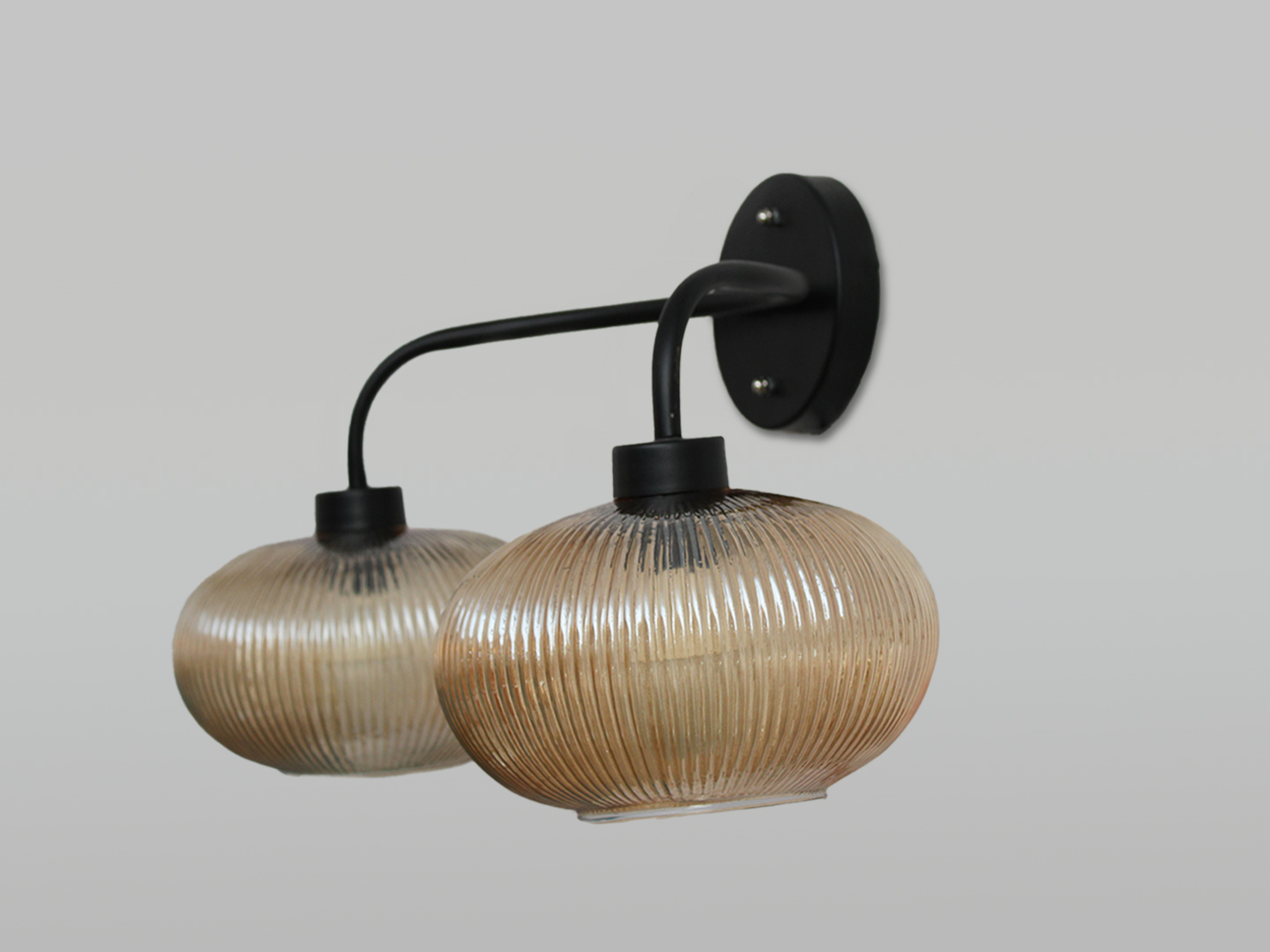 Aurora 2-Light Ribbed Glass Wall Sconce **Alt Text:** **2-Light Ribbed Glass** wall light with dual amber ribbed glass shades and a matte black metal frame, modern wall-mounted fixture for bedrooms, hallways, living rooms, and dining spaces.