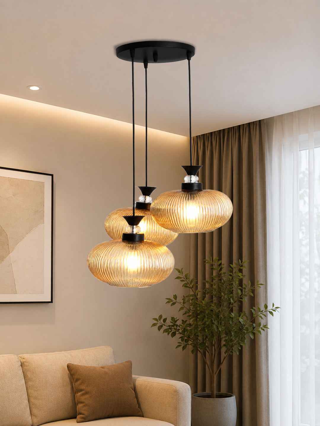 3-Light Amber Ribbed Glass Cluster Hanging Light Amber Ribbed Glass cluster hanging light with four textured glass pendant shades, black metal fittings, and layered design for modern interior lighting.