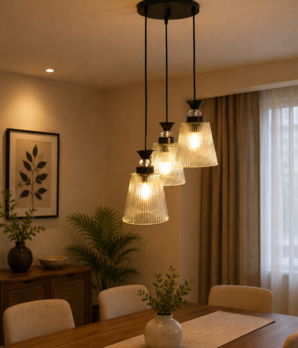 Modern Triple Glass cluster hanging light with three clear ribbed glass shades and black metal ceiling mount.