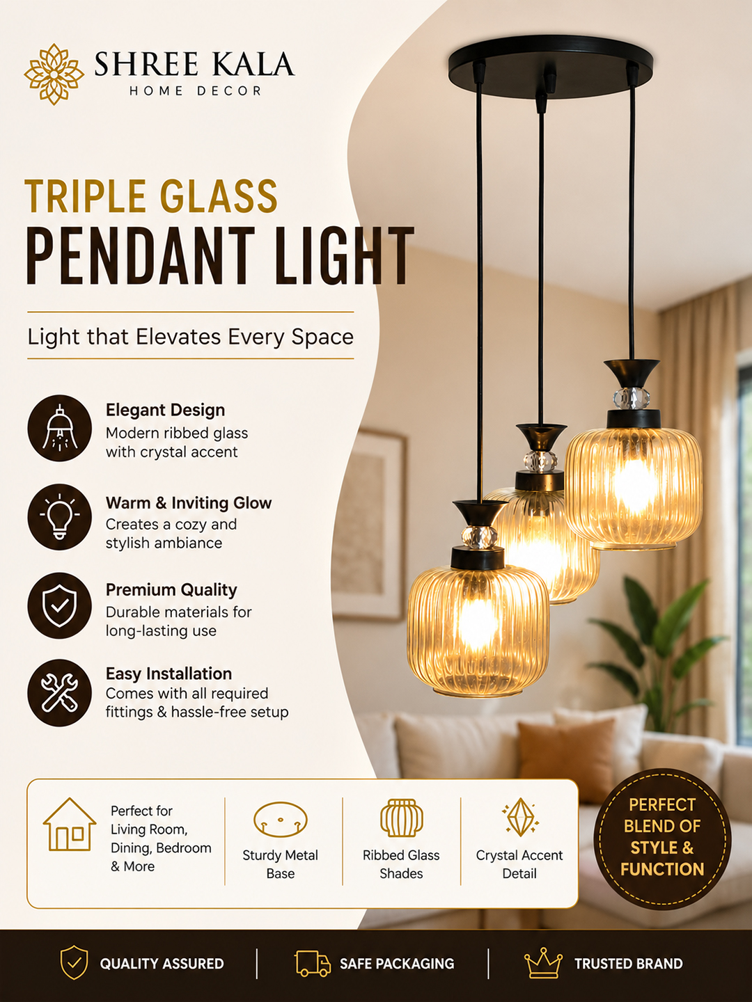 3-Light Clear Ribbed Glass Cluster Hanging Light Clear Ribbed Glass cluster hanging light with three pendant shades, black metal fittings, and adjustable drops for modern dining room and living room interiors.