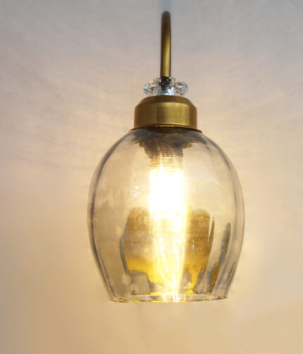 Antique brass smoked glass wall light with curved arm and round wall mount