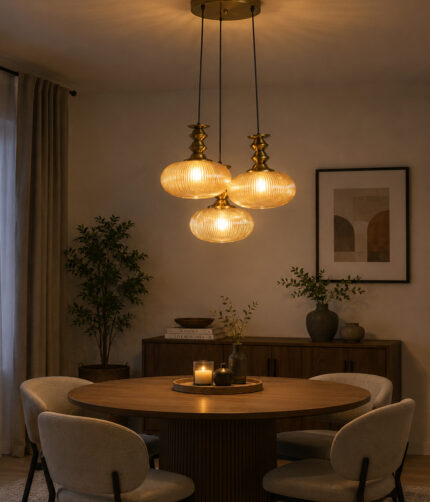 Ribbed Amber Kachori Glass 3-light adjustable pendant ceiling light with three rounded textured amber ribbed glass shades, elegant golden metal holders, 9-inch ceiling canopy, and 23-inch adjustable hanging cords.