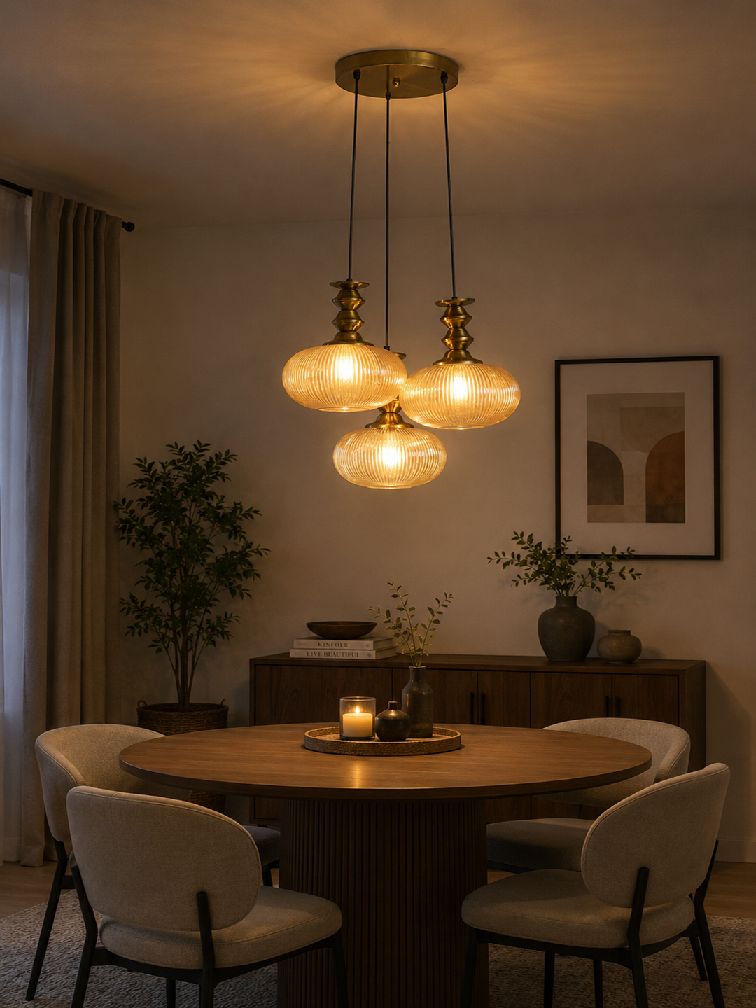 Ribbed Amber Kachori Glass Cluster Hanging Light Ribbed Amber Kachori Glass 3-light adjustable pendant ceiling light with three rounded textured amber ribbed glass shades, elegant golden metal holders, 9-inch ceiling canopy, and 23-inch adjustable hanging cords.