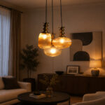 Ribbed Modern Ribbed Glass 3-light adjustable pendant ceiling light featuring three textured ribbed glass shades in different shapes, elegant golden metal holders, black hanging cords, 9-inch canopy, and up to 23-inch adjustable height.
