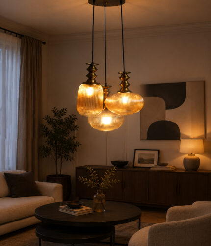 Ribbed Modern Ribbed Glass 3-light adjustable pendant ceiling light featuring three textured ribbed glass shades in different shapes, elegant golden metal holders, black hanging cords, 9-inch canopy, and up to 23-inch adjustable height.