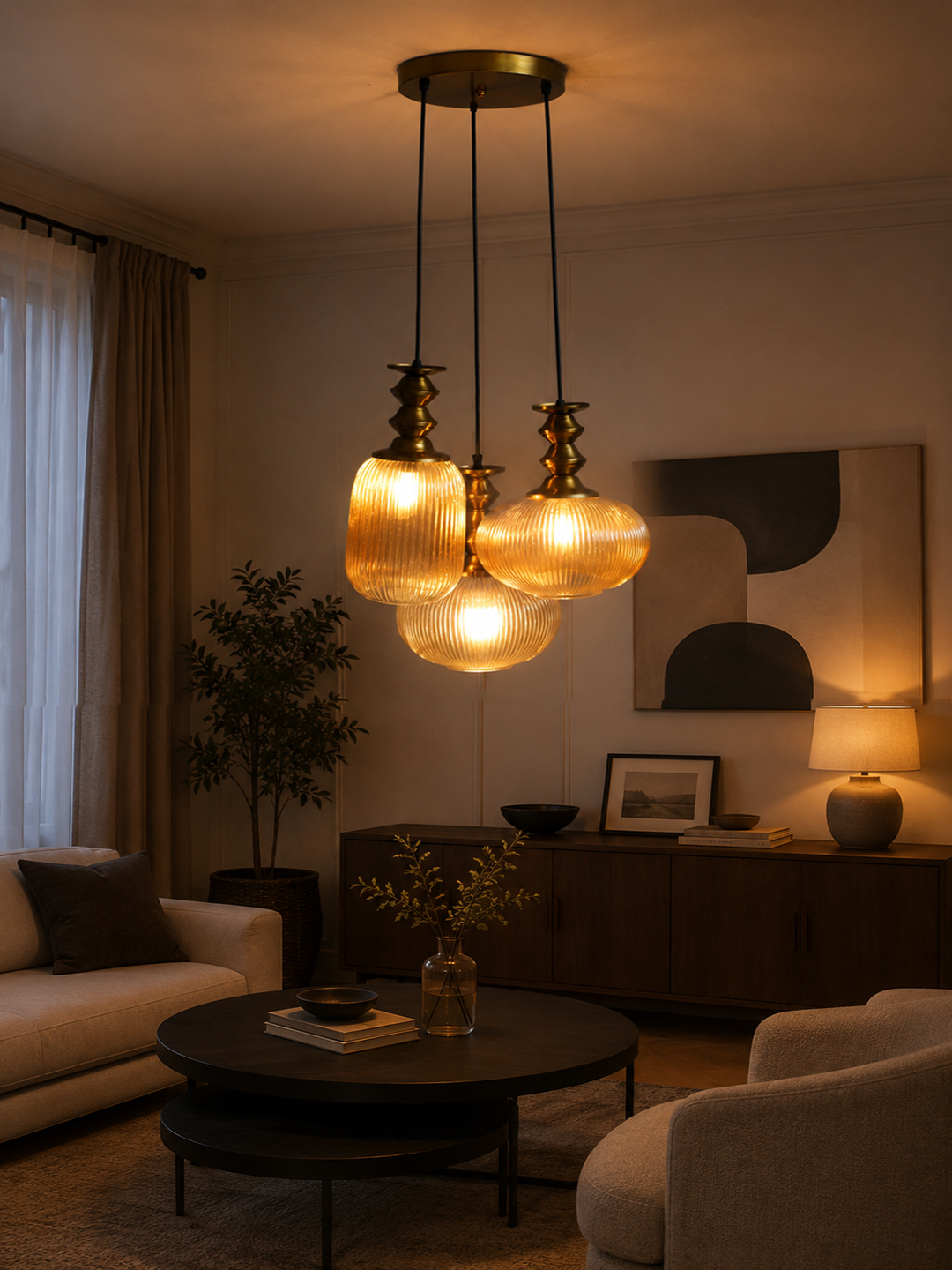 Modern Ribbed Glass Cluster Hanging Light Ribbed Modern Ribbed Glass 3-light adjustable pendant ceiling light featuring three textured ribbed glass shades in different shapes, elegant golden metal holders, black hanging cords, 9-inch canopy, and up to 23-inch adjustable height.