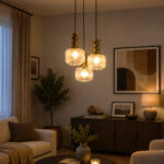 3-Light Ribbed Clear Glass adjustable pendant ceiling light with three 6-inch textured clear ribbed glass shades, decorative golden metal holders, black adjustable hanging cords, 9-inch circular canopy, and up to 23-inch adjustable height.
