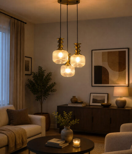 3-Light Ribbed Clear Glass adjustable pendant ceiling light with three 6-inch textured clear ribbed glass shades, decorative golden metal holders, black adjustable hanging cords, 9-inch circular canopy, and up to 23-inch adjustable height.