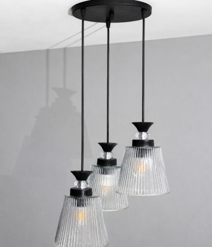 Modern Triple Glass cluster hanging light with three clear ribbed glass shades and black metal ceiling mount.