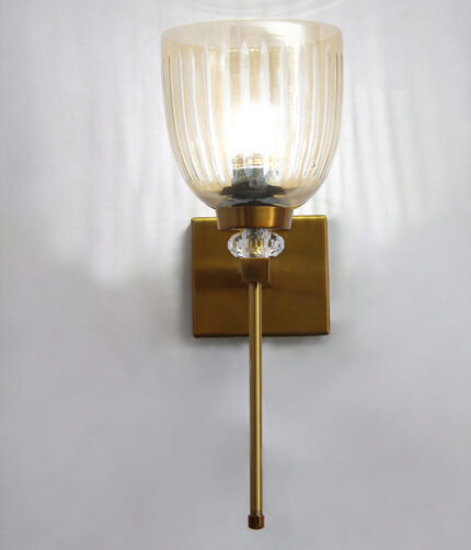 Brass finish wall light with ribbed glass shade, crystal accent and rectangular wall plate shown with product dimensions.