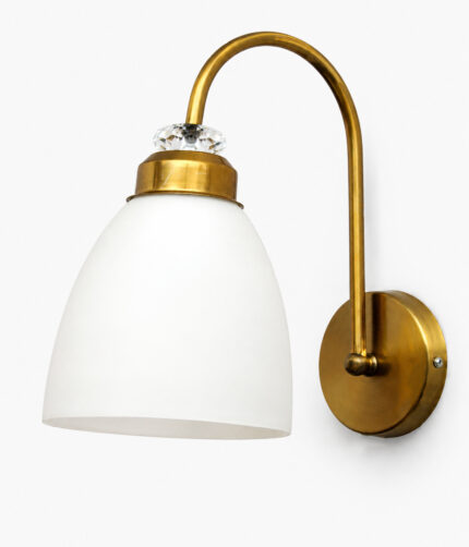Antique brass frosted glass wall light with curved arm and white shade, 11-inch decorative wall lamp for bedroom and living room.