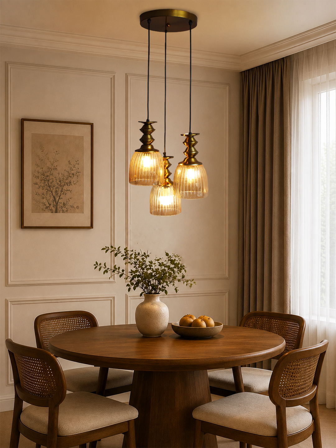 Ribbed Glass 3-Light Cluster Hanging Lamp Ribbed Glass 3-Light adjustable pendant ceiling light with three textured glass shades, golden metal accents, black adjustable cords, 9-inch canopy, and elegant modern hanging design.