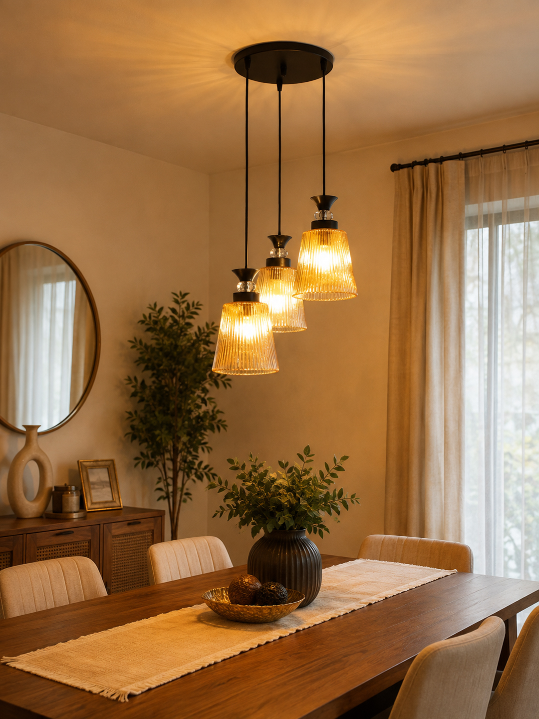 3-Light Ribbed Glass Cluster Hanging Light 3-Light Ribbed Glass cluster hanging light with three clear ribbed shades, adjustable 23-inch height and black ceiling canopy.