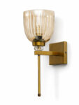 Brass finish wall light with ribbed glass shade, crystal accent and rectangular wall plate shown with product dimensions.