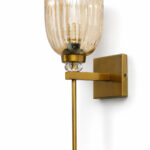 Brass finish wall light with ribbed glass shade, crystal accent and rectangular wall plate shown with product dimensions.