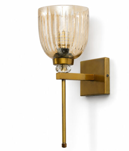 Brass finish wall light with ribbed glass shade, crystal accent and rectangular wall plate shown with product dimensions.