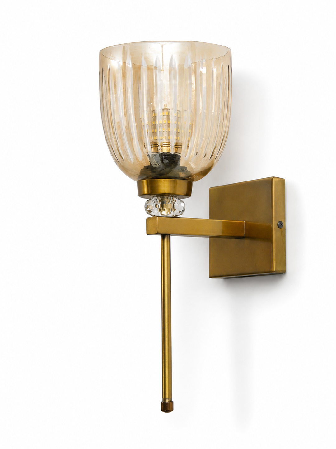 Brass Finish Ribbed Glass Wall Sconce Brass finish wall light with ribbed glass shade, crystal accent and rectangular wall plate shown with product dimensions.