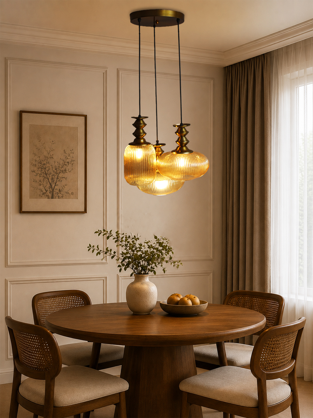 Modern Ribbed Glass Cluster Hanging Light Ribbed Modern Ribbed Glass 3-light adjustable pendant ceiling light featuring three textured ribbed glass shades in different shapes, elegant golden metal holders, black hanging cords, 9-inch canopy, and up to 23-inch adjustable height.