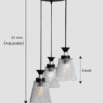 Modern Triple Glass cluster hanging light with three clear ribbed glass shades and black metal ceiling mount.