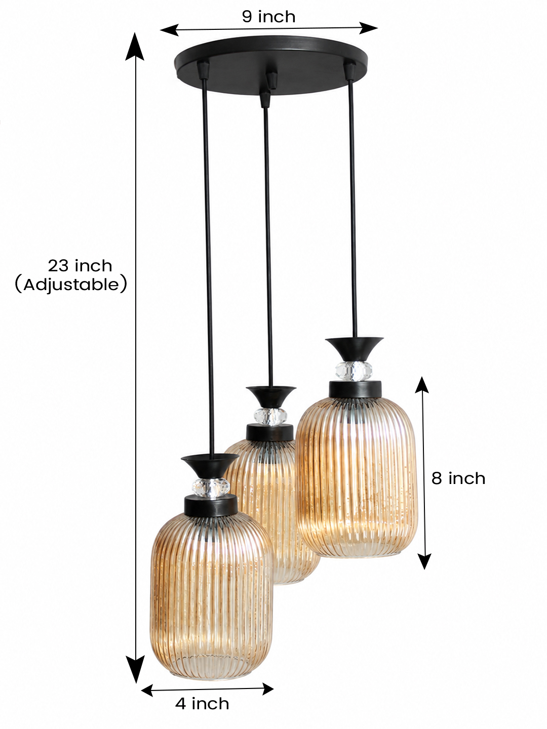 Decorative 3-Light Cluster Hanging Light Decorative 3-Light cluster hanging light with three amber ribbed glass shades and black adjustable ceiling mount.