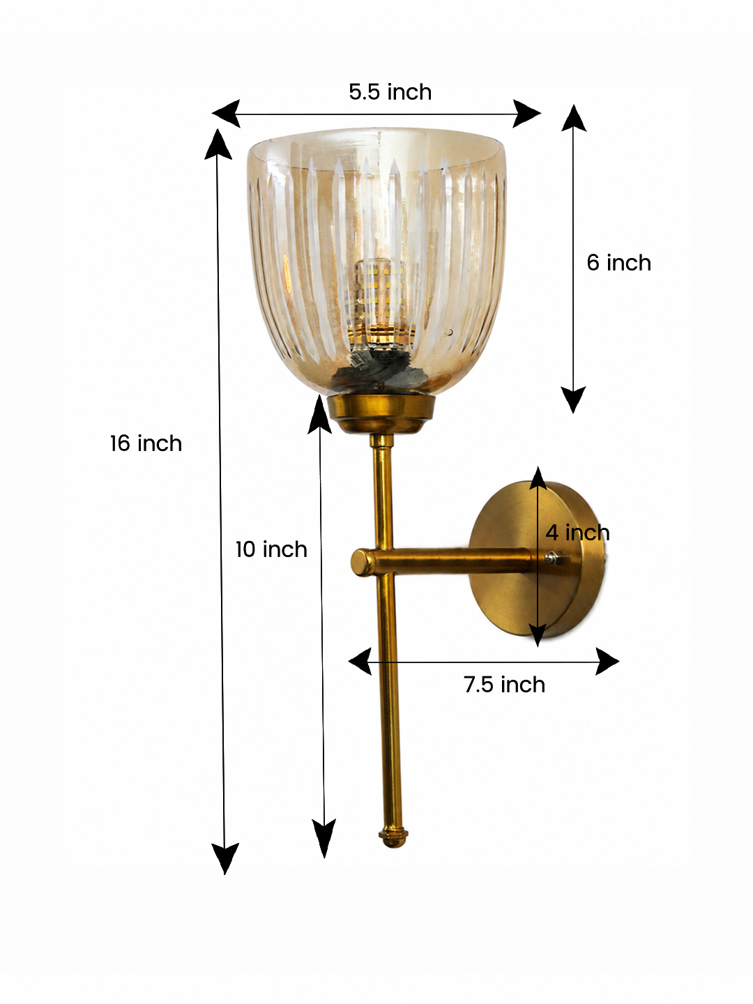 Antique Brass Fluted Glass Wall Sconce Antique brass wall light with amber ribbed glass shade and curved arm, shown with product dimensions.
