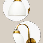 Antique brass frosted glass wall light with curved arm and white shade, 11-inch decorative wall lamp for bedroom and living room.