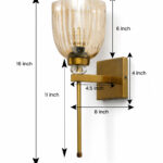 Brass finish wall light with ribbed glass shade, crystal accent and rectangular wall plate shown with product dimensions.