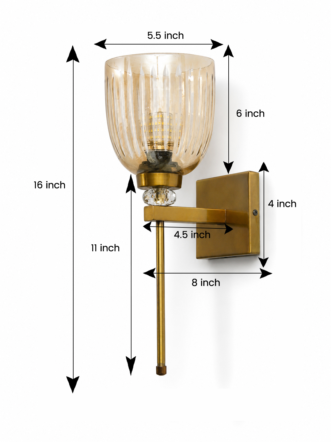 Brass Finish Ribbed Glass Wall Sconce Brass finish wall light with ribbed glass shade, crystal accent and rectangular wall plate shown with product dimensions.