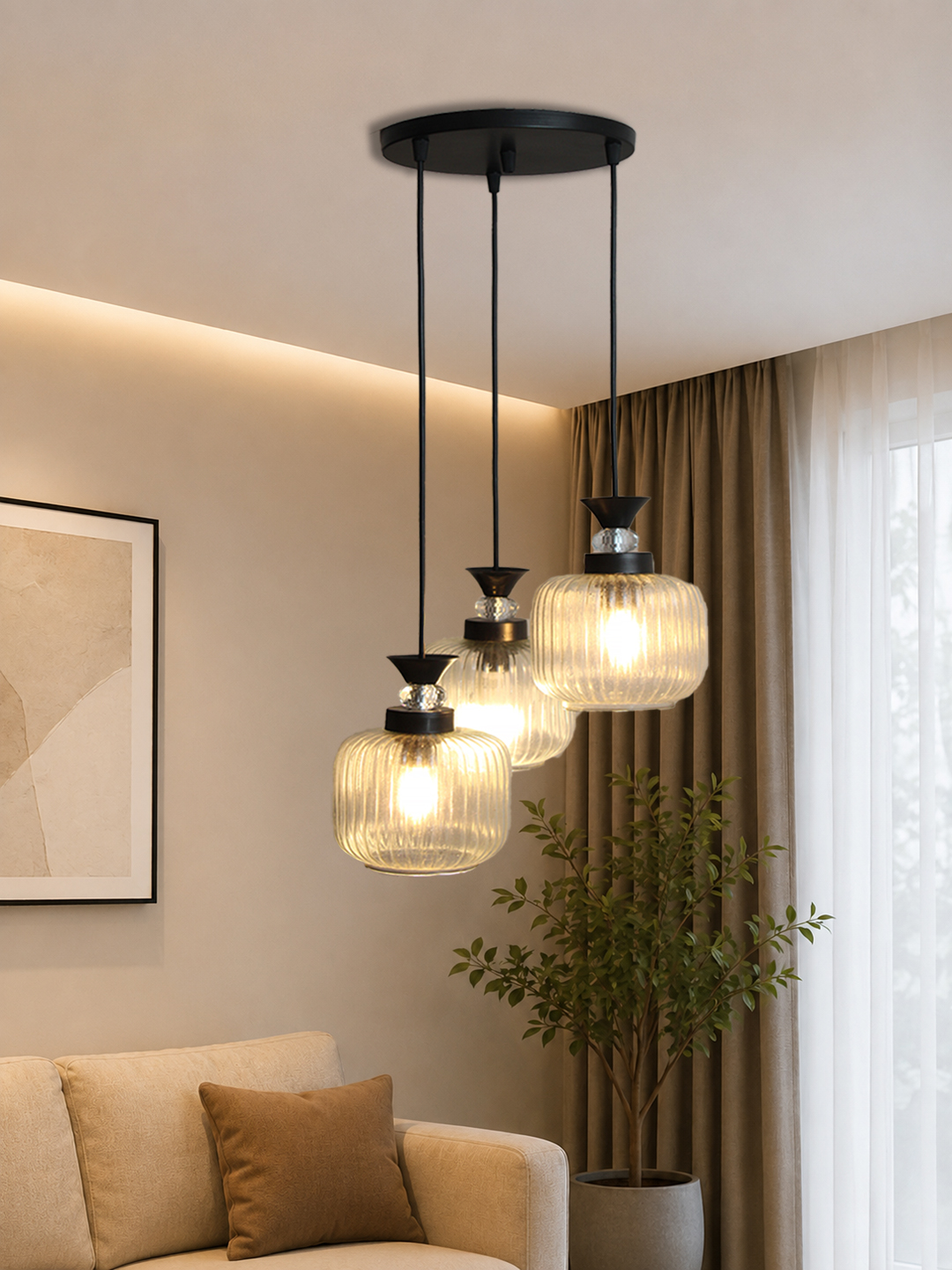 3-Light Clear Ribbed Glass Cluster Hanging Light