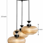 Amber Ribbed Glass cluster hanging light with four textured glass pendant shades, black metal fittings, and layered design for modern interior lighting.