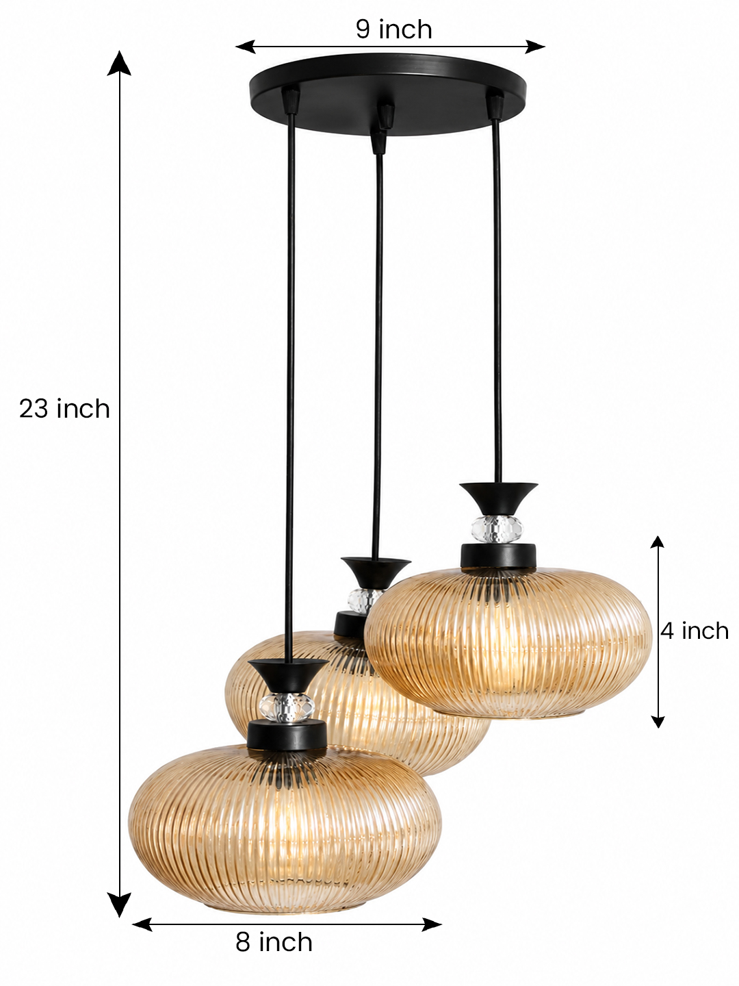 3-Light Amber Ribbed Glass Cluster Hanging Light Amber Ribbed Glass cluster hanging light with four textured glass pendant shades, black metal fittings, and layered design for modern interior lighting.