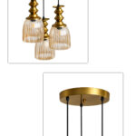 Ribbed Glass 3-Light adjustable pendant ceiling light with three textured glass shades, golden metal accents, black adjustable cords, 9-inch canopy, and elegant modern hanging design.
