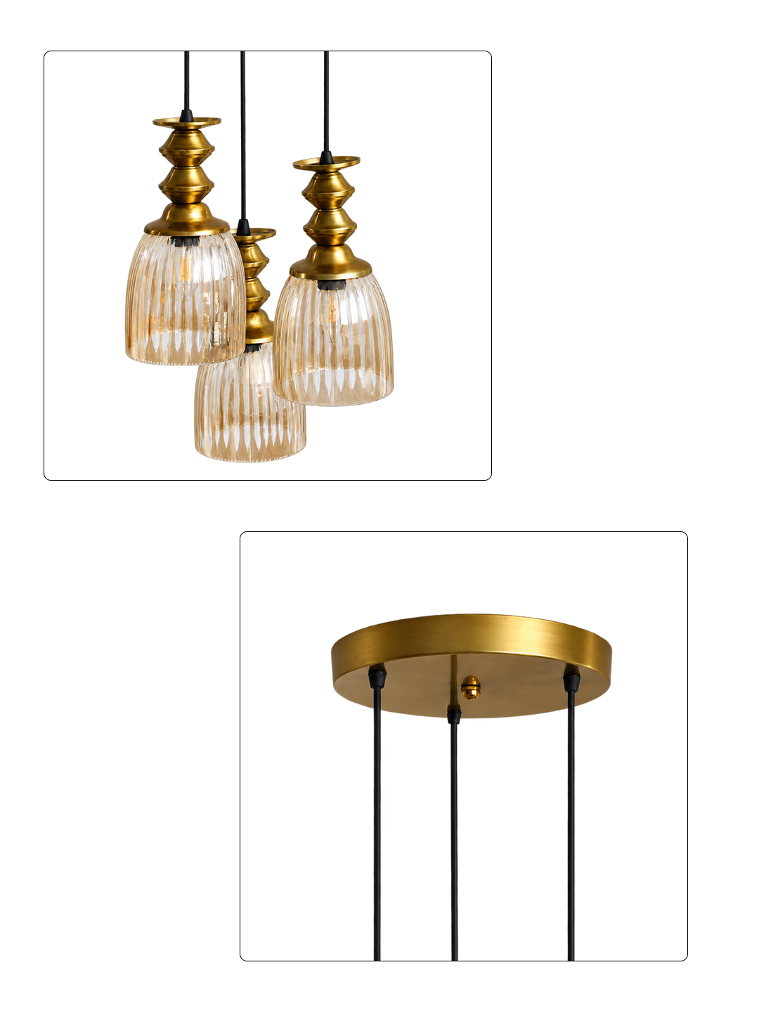 Ribbed Glass 3-Light Cluster Hanging Lamp Ribbed Glass 3-Light adjustable pendant ceiling light with three textured glass shades, golden metal accents, black adjustable cords, 9-inch canopy, and elegant modern hanging design.