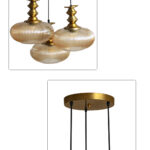 Ribbed Amber Kachori Glass 3-light adjustable pendant ceiling light with three rounded textured amber ribbed glass shades, elegant golden metal holders, 9-inch ceiling canopy, and 23-inch adjustable hanging cords.