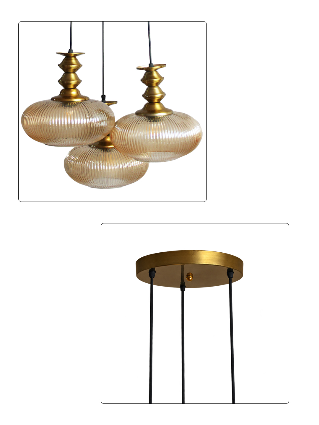 Ribbed Amber Kachori Glass Cluster Hanging Light Ribbed Amber Kachori Glass 3-light adjustable pendant ceiling light with three rounded textured amber ribbed glass shades, elegant golden metal holders, 9-inch ceiling canopy, and 23-inch adjustable hanging cords.