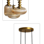 Ribbed Modern Ribbed Glass 3-light adjustable pendant ceiling light featuring three textured ribbed glass shades in different shapes, elegant golden metal holders, black hanging cords, 9-inch canopy, and up to 23-inch adjustable height.