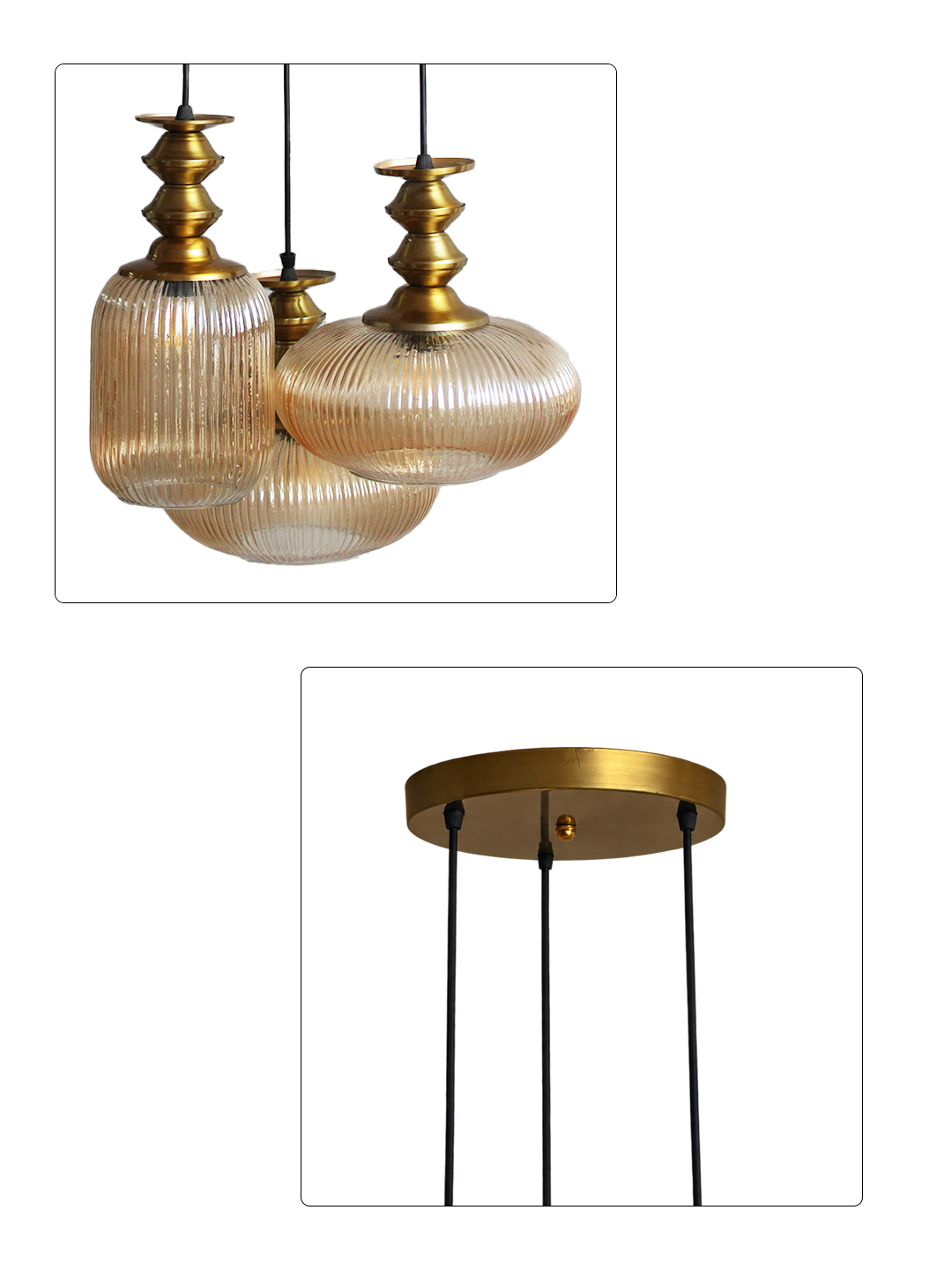 Modern Ribbed Glass Cluster Hanging Light Ribbed Modern Ribbed Glass 3-light adjustable pendant ceiling light featuring three textured ribbed glass shades in different shapes, elegant golden metal holders, black hanging cords, 9-inch canopy, and up to 23-inch adjustable height.