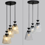 Modern Triple Glass cluster hanging light with three clear ribbed glass shades and black metal ceiling mount.